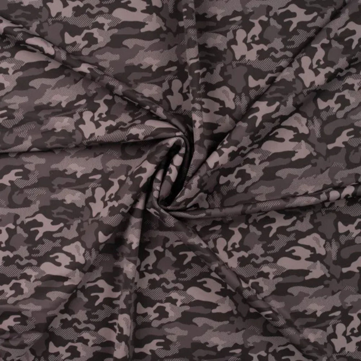Black and grey camouflage print jersey fabric for sportswear and swimwear – stretchy, breathable, and performance-ready