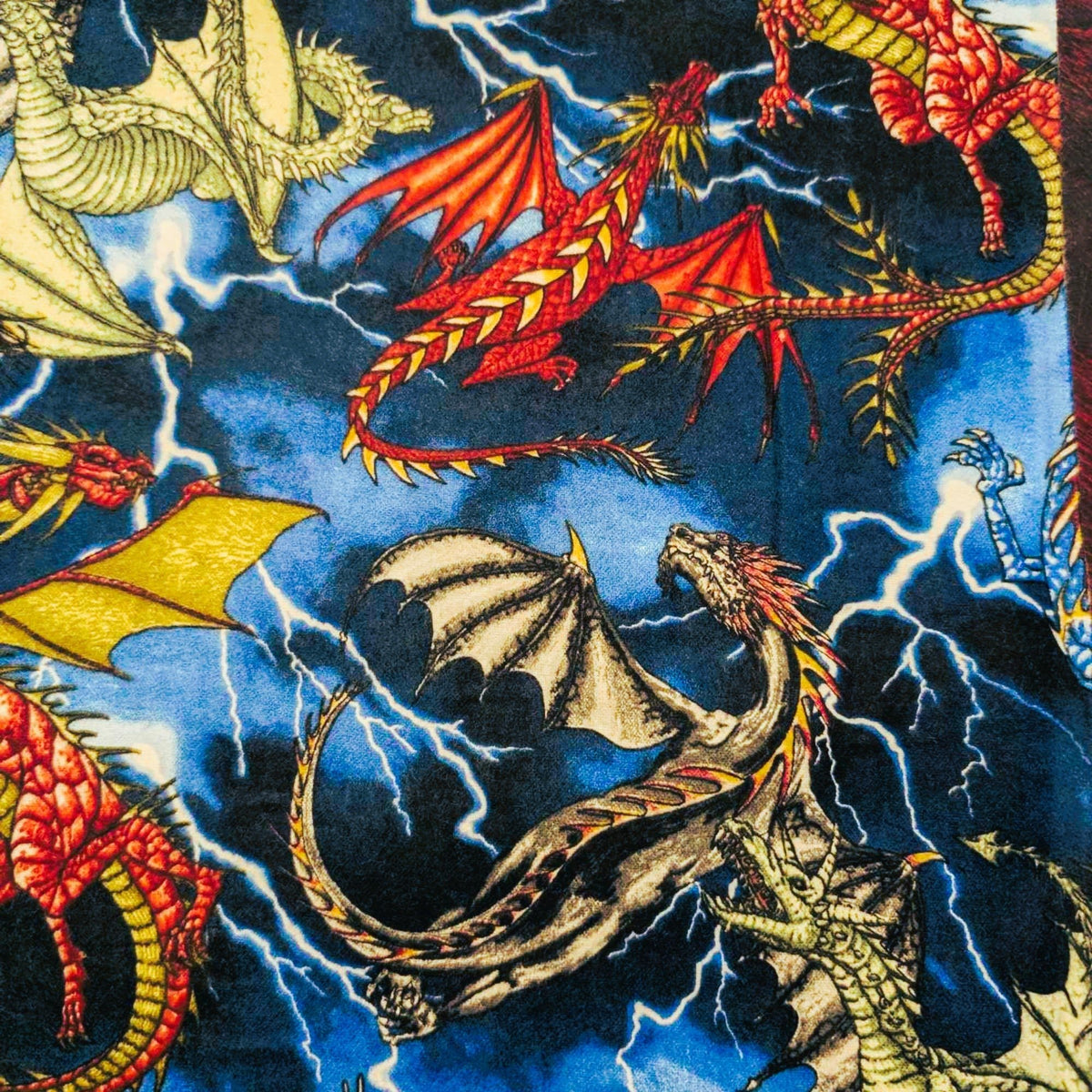 Colorful Dragons Cotton Flannel β Fantasy Creatures on Lightning Sky
