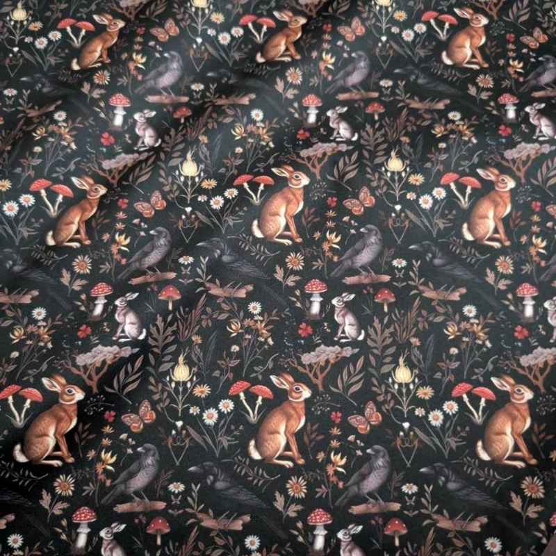 Dark forest PUL fabric with woodland animals, mushrooms, and florals – waterproof and durable material ideal for reusable bags, diapers, and outdoor gear