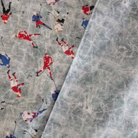 Hockey Player on Grey Cracked Ice, Quiltilng Cotton