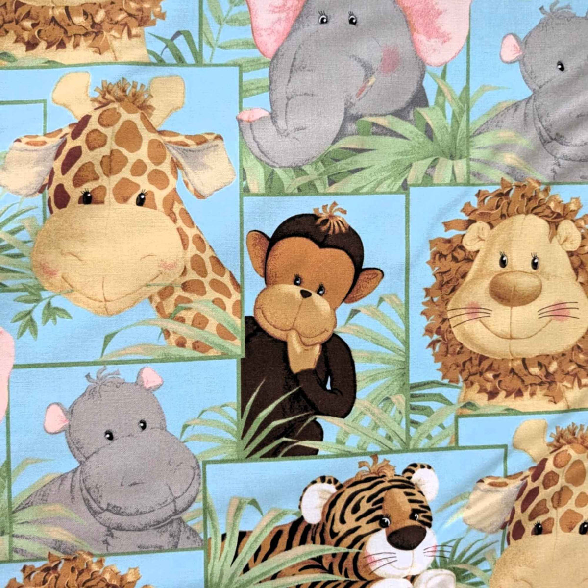 Jungle Babies Cotton Fabric by Patty Reed – Safari Animals on Blue – 100% Cotton