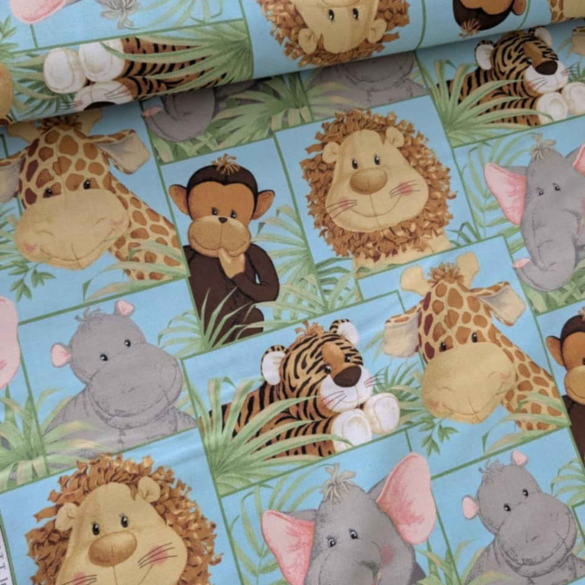 Jungle Babies Cotton Fabric by Patty Reed – Safari Animals on Blue – 100% Cotton