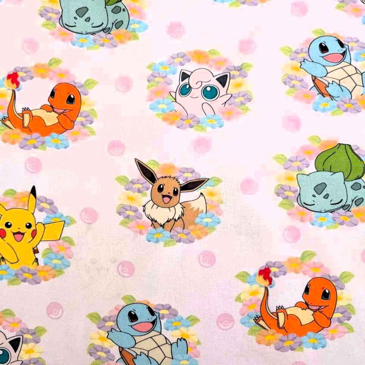 Pokemon Flower Rings Pink Cotton Fabric – Pikachu, Eevee, Charmander