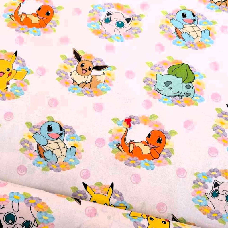 Pokemon Flower Rings Pink Cotton Fabric – Pikachu, Eevee, Charmander