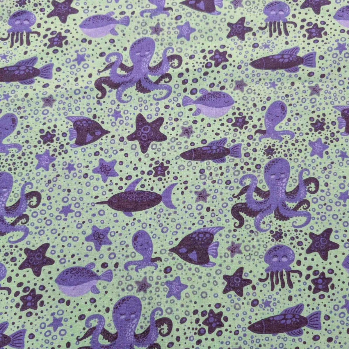 Purple Sea Creatures Cotton Fabric – Ocean Animals on Light Green, Quilting Cotton