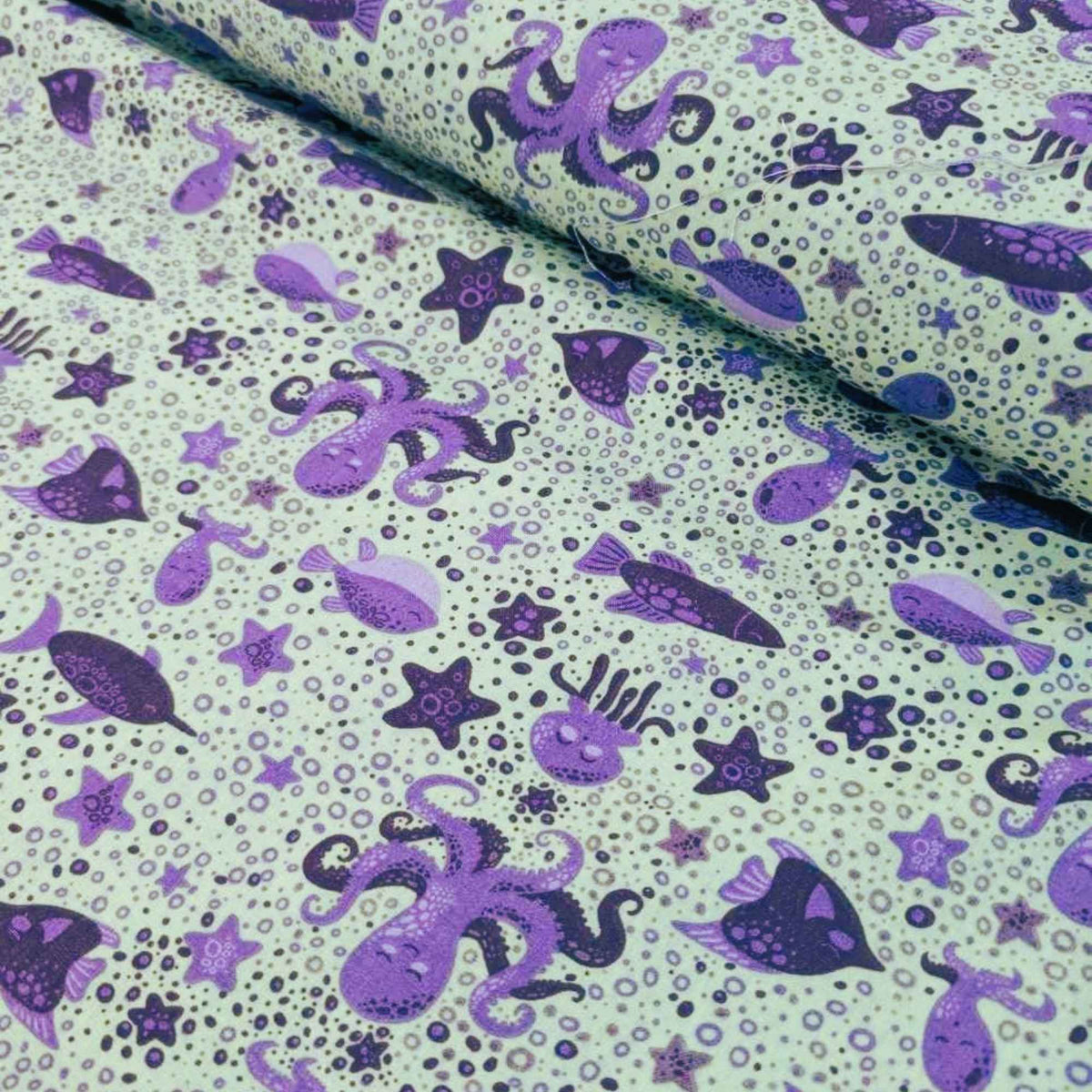 Purple Sea Creatures Cotton Fabric – Ocean Animals on Light Green, Quilting Cotton
