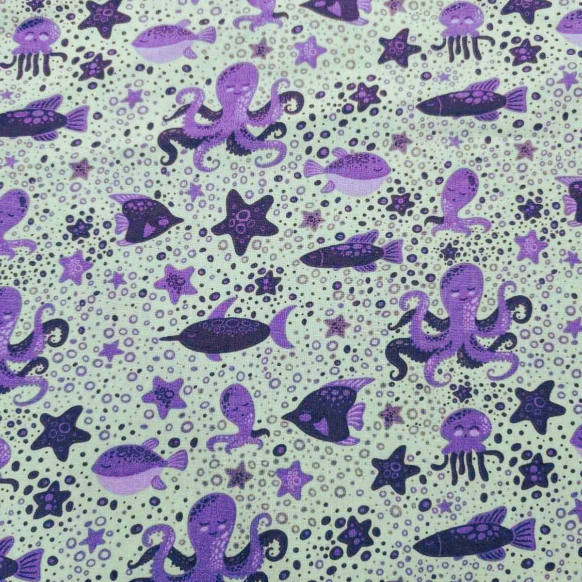Purple Sea Creatures Cotton Fabric – Ocean Animals on Light Green, Quilting Cotton
