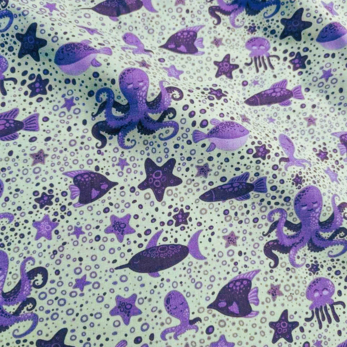 Purple Sea Creatures Cotton Fabric – Ocean Animals on Light Green, Quilting Cotton