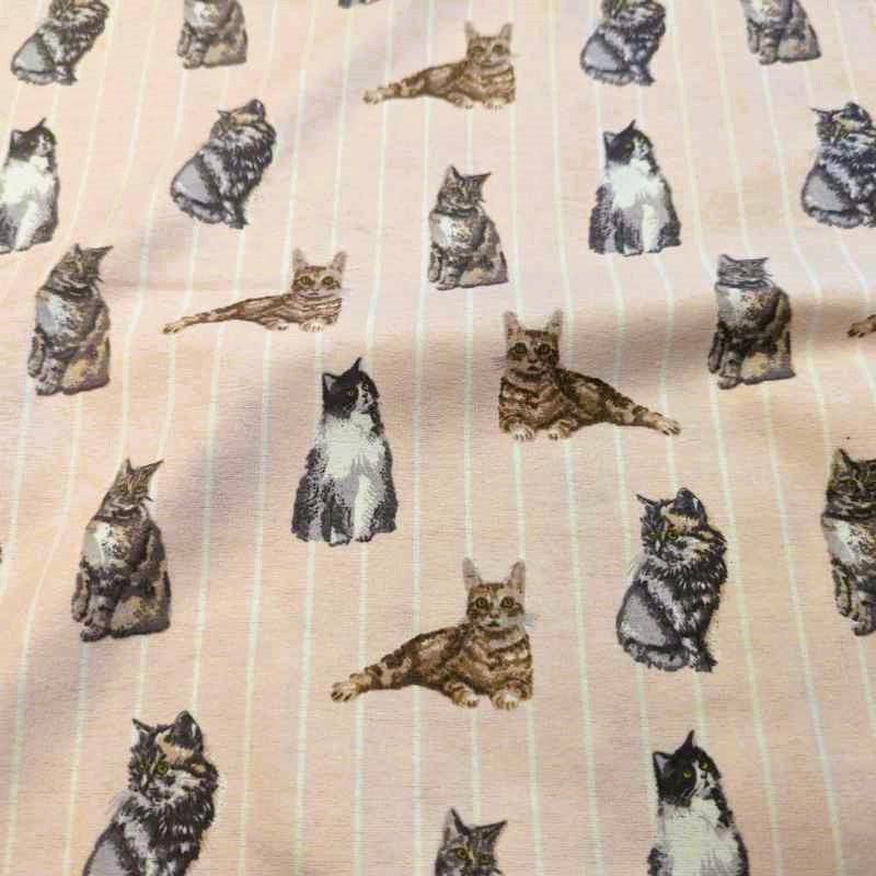 Colorful Cats on Striped Pink FLANNEL Fabric