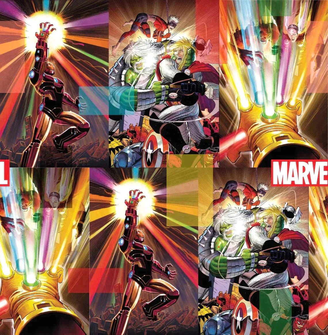 Marvel Energy Comic Fabric by Springs Creative CP70999 featuring Iron Man, Thor, and Hulk with power bursts on 100% cotton.