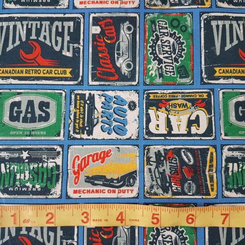 Multi-colored Retro Car Signs Quilting Cotton Fabric