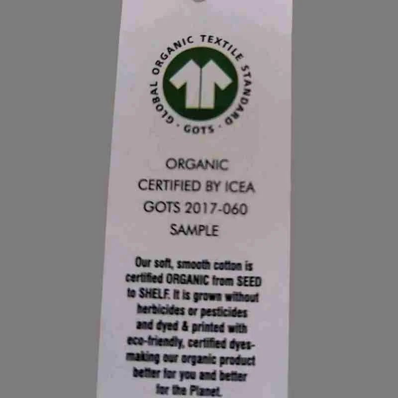 GOTS certification label showing Global Organic Textile Standard logo with text: "Organic Certified by ICEA GOTS 2017-060. Our soft, smooth cotton is certified organic from seed to shelf..."