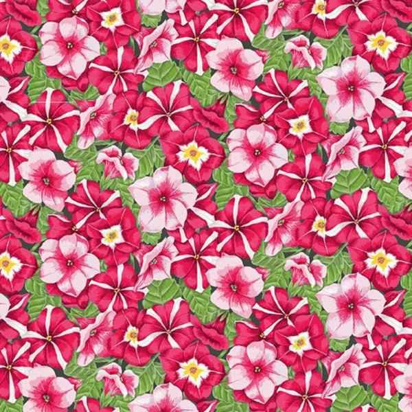 Petunia fabric with vivid red and pink flowers and lush green leaves on a 100% cotton background, perfect for quilting and summer sewing projects.