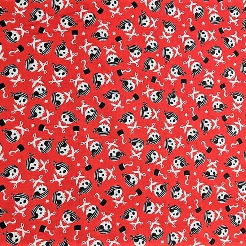Red cotton fabric with playful pirate skulls, swords, hooks, and stars by Riley Blake Pirate’s Life C7354.