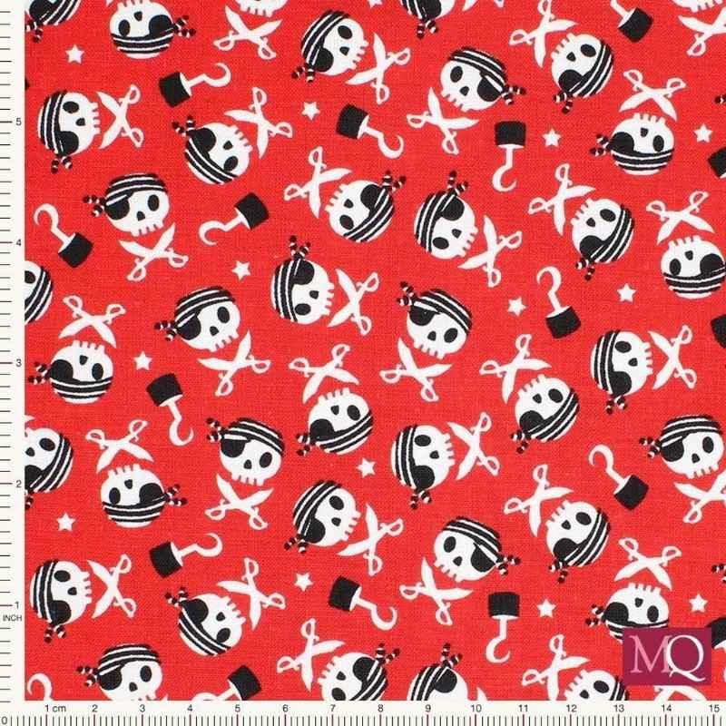 Red cotton fabric with playful pirate skulls, swords, hooks, and stars by Riley Blake Pirate’s Life C7354 with square for scale.