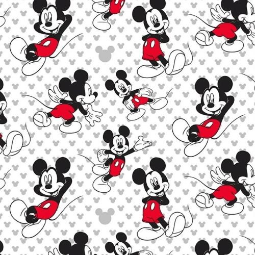 Mickey Relaxed cotton fabric with Mickey Mouse in red shorts and pale grey Mickey head silhouettes on a white background.
