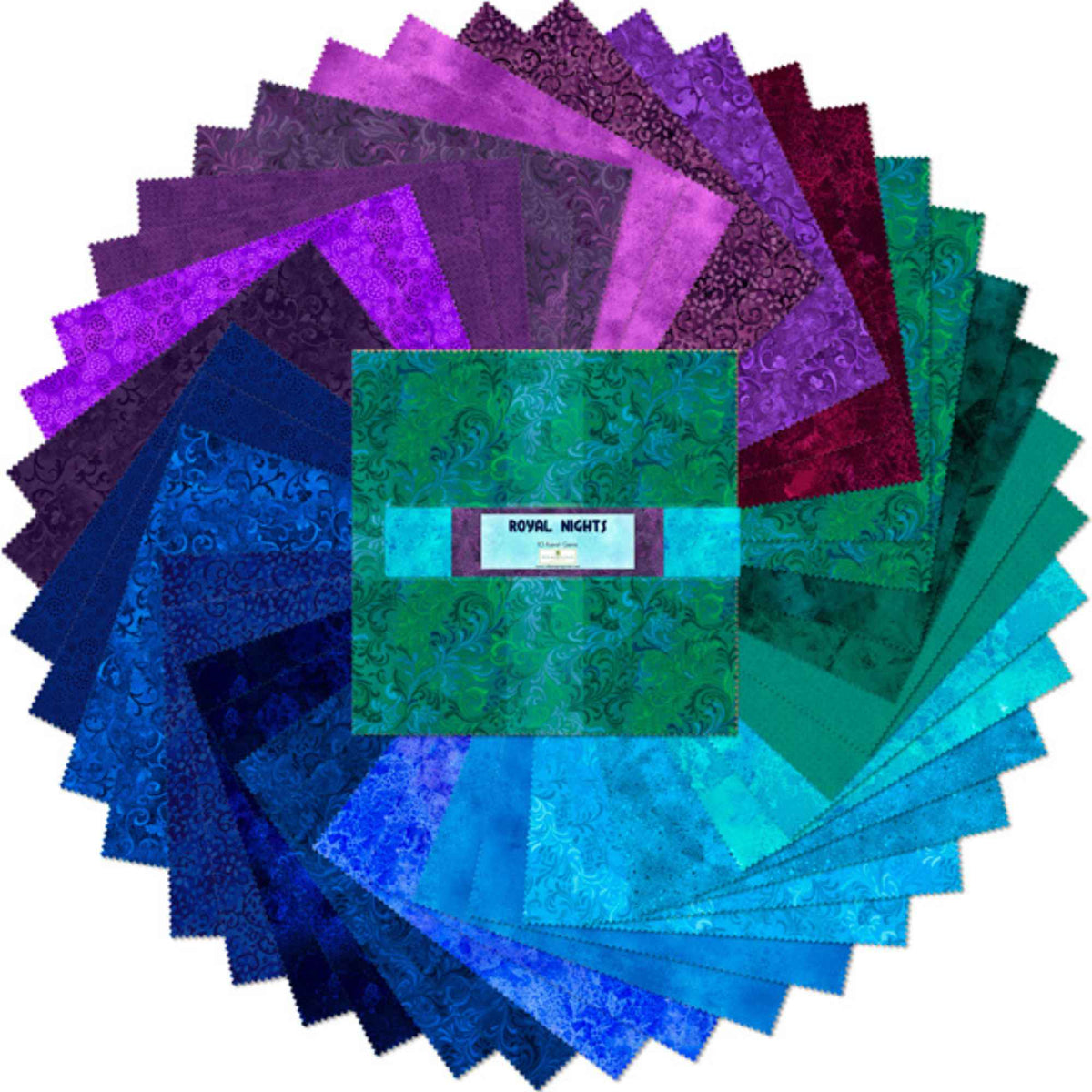 10 Karat Gems Royal Nights 10-inch cotton fabric squares in rich blue, teal, green, and purple jewel tones.