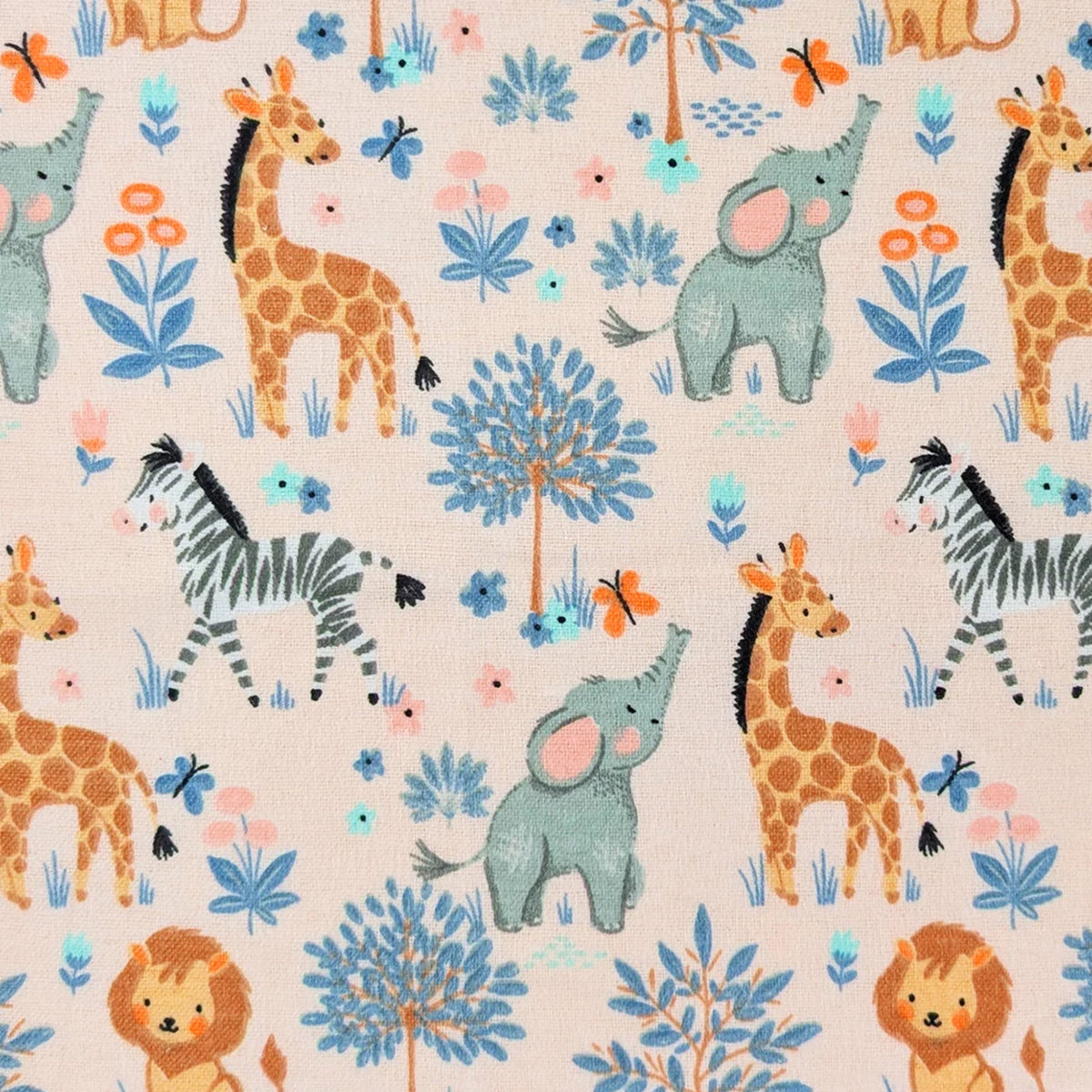Pattern of cartoon animals including giraffes, elephants, zebras, and lions on a beige background.