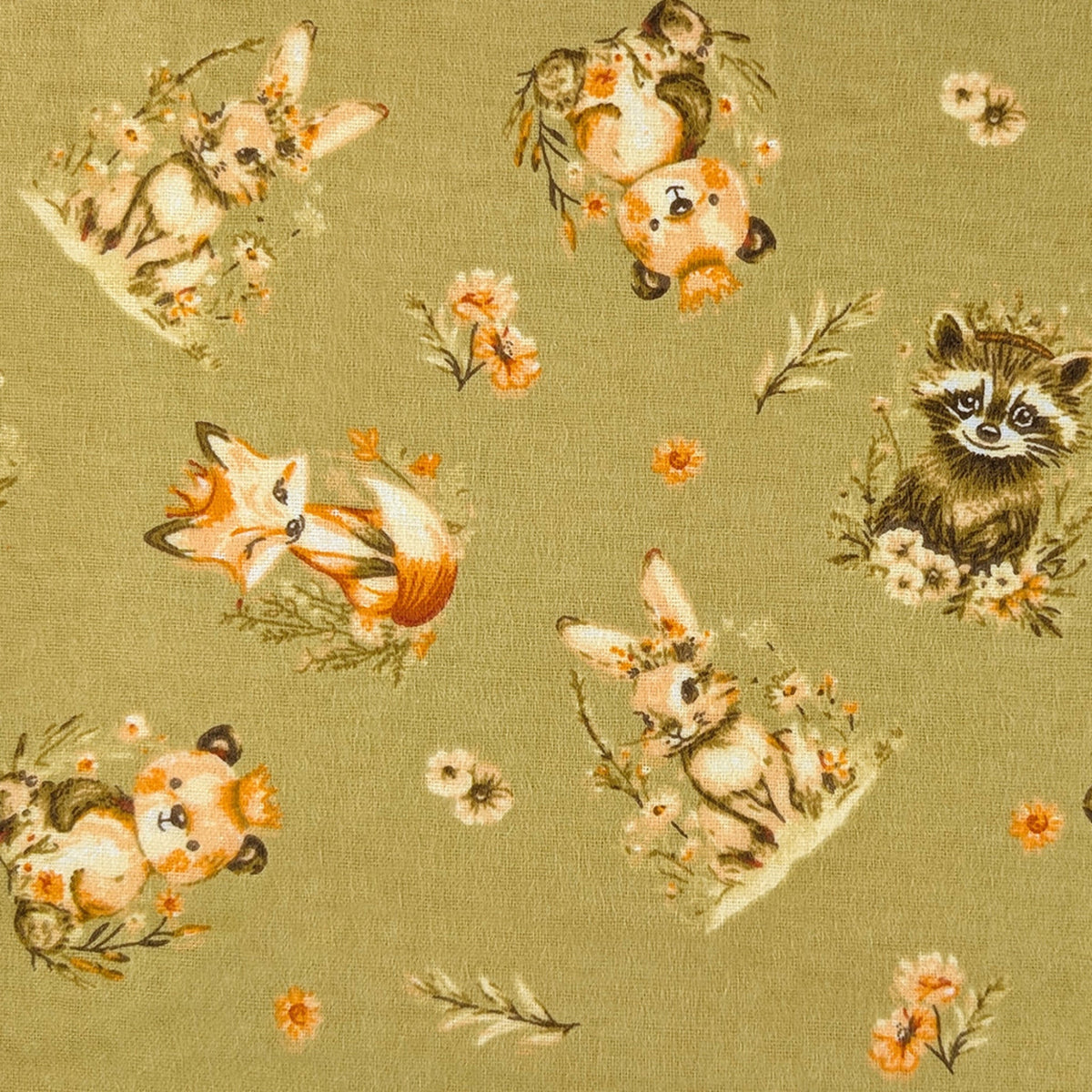 Woodland Friends sage cotton flannel fabric with foxes, rabbits, raccoons, pandas and floral accents.