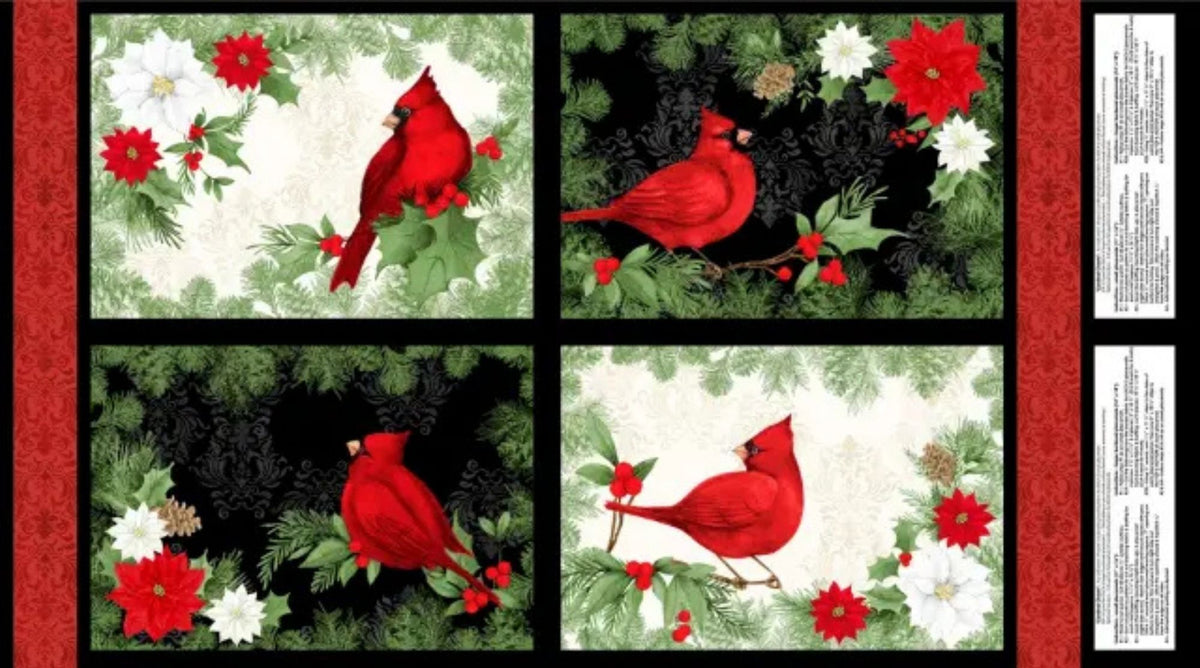 Four Cardinal Charm placemat designs with red cardinals, poinsettias and greenery on cream and black damask backgrounds.