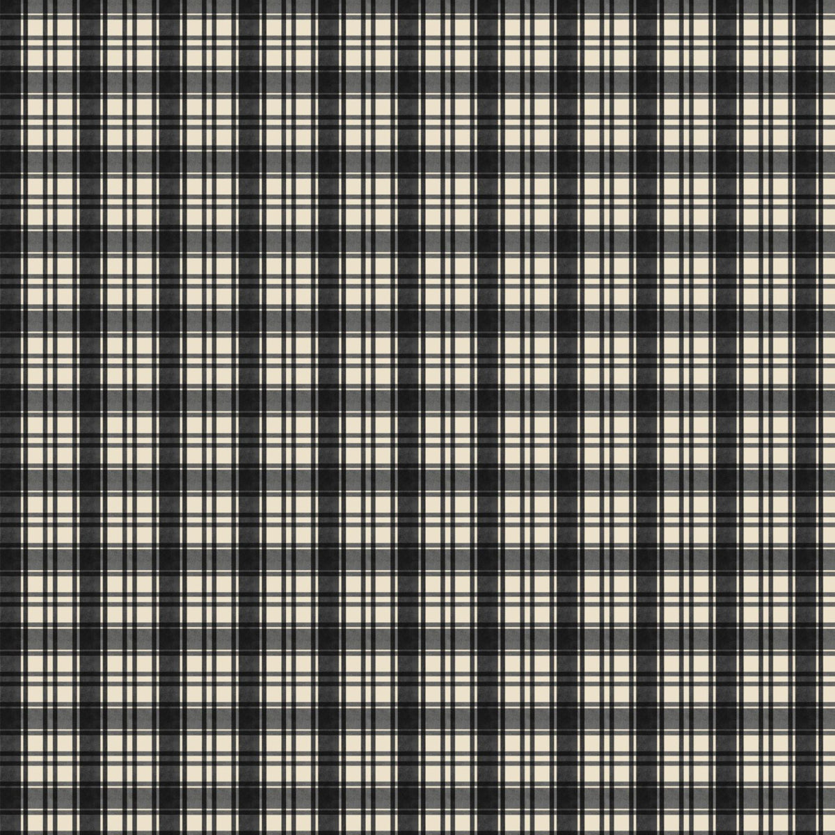 Cardinal Charm black and cream plaid cotton fabric with charcoal bands and fine intersecting lines.