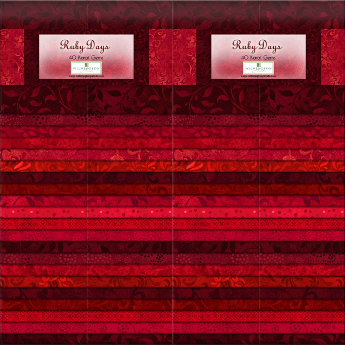 40 Karat Gems Ruby Days 2.5-inch cotton fabric strips in rich red and ruby blender prints.