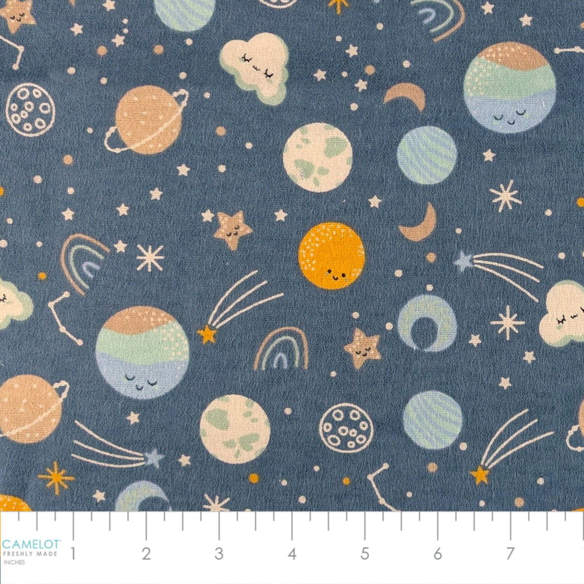 Camelot Fabrics Space Friends navy cotton flannel fabric featuring pastel planets, stars, moons, constellations, and shooting stars from the Fleece and Flannel 2026 Collection.