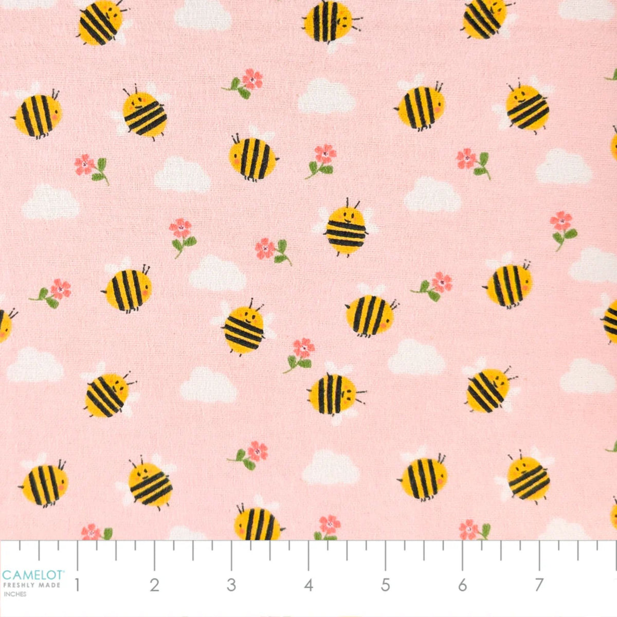 Camelot Fabrics Bumble Bees pink cotton flannel fabric featuring yellow bees, white clouds, and pink flowers from the Fleece and Flannel 2026 Collection.