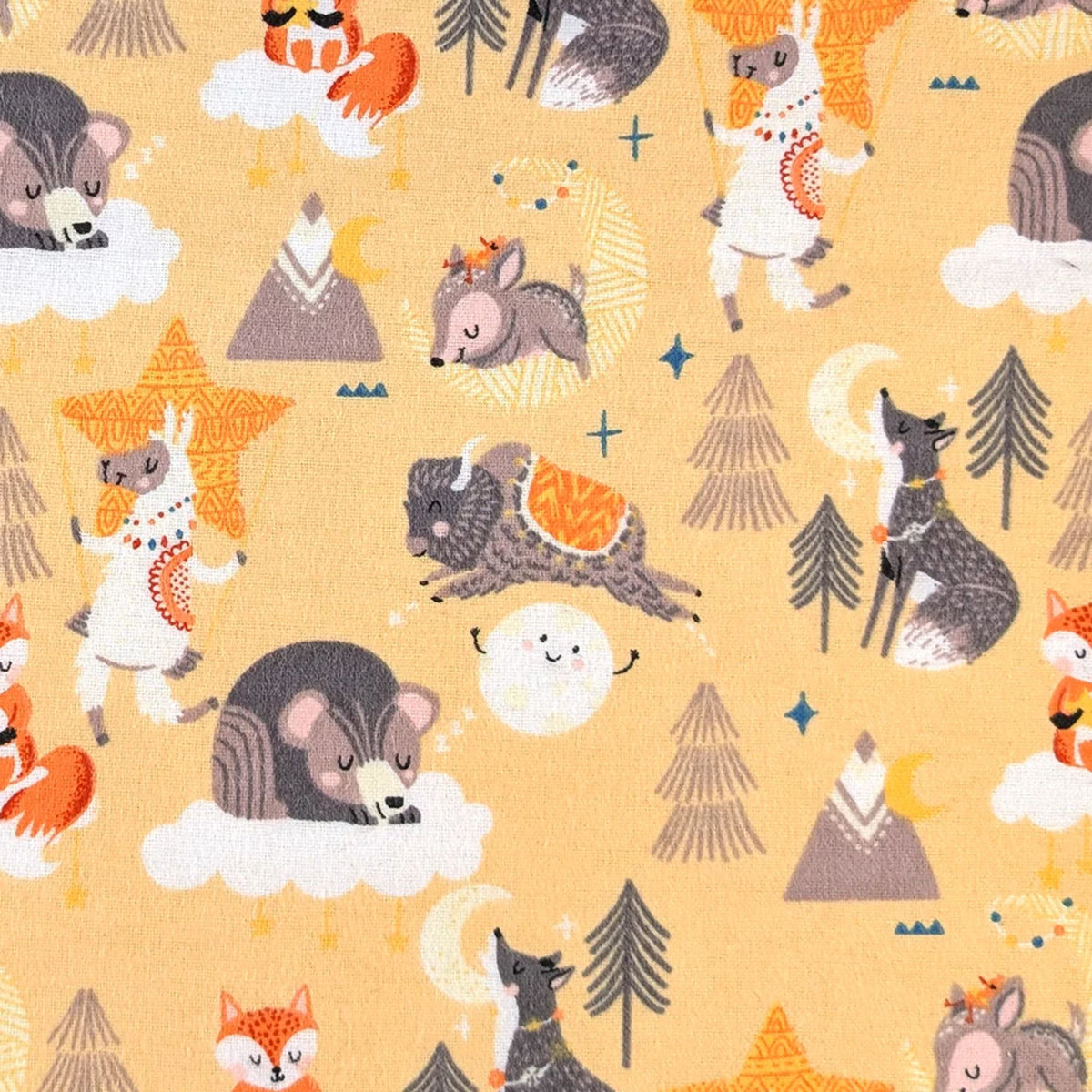 Desert Baby yellow cotton flannel fabric featuring foxes, llamas, wolves, buffalo, bears, mountains, clouds, moons, and stars.