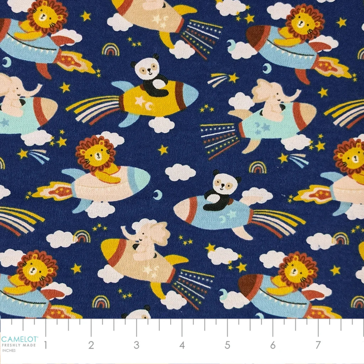 Universe Baby navy cotton flannel fabric with lions, pandas and elephants riding rockets among stars and clouds.