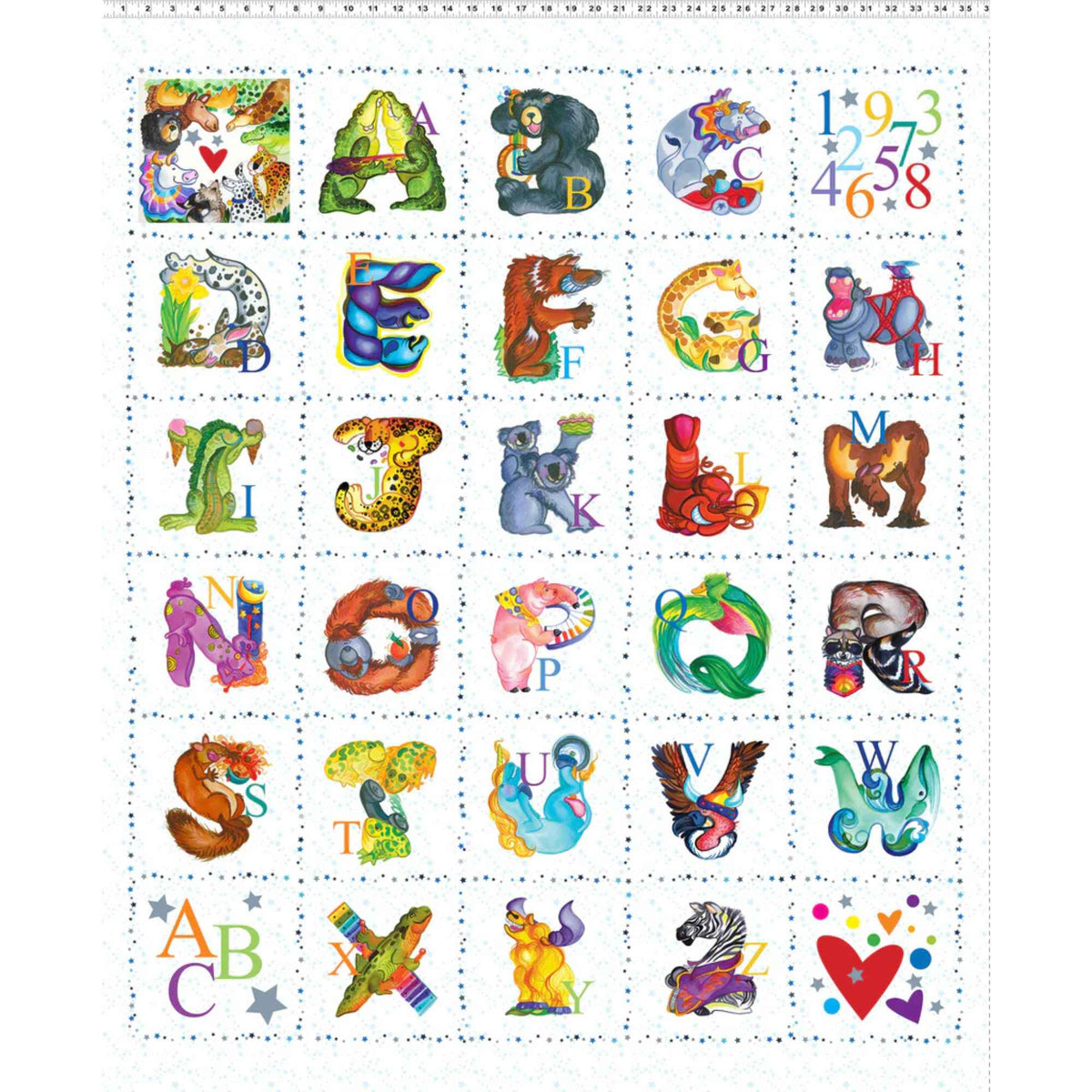 “Colorful alphabet fabric panel featuring illustrated A–Z letters with animals, numbers, and playful artwork on a white dotted background.”
