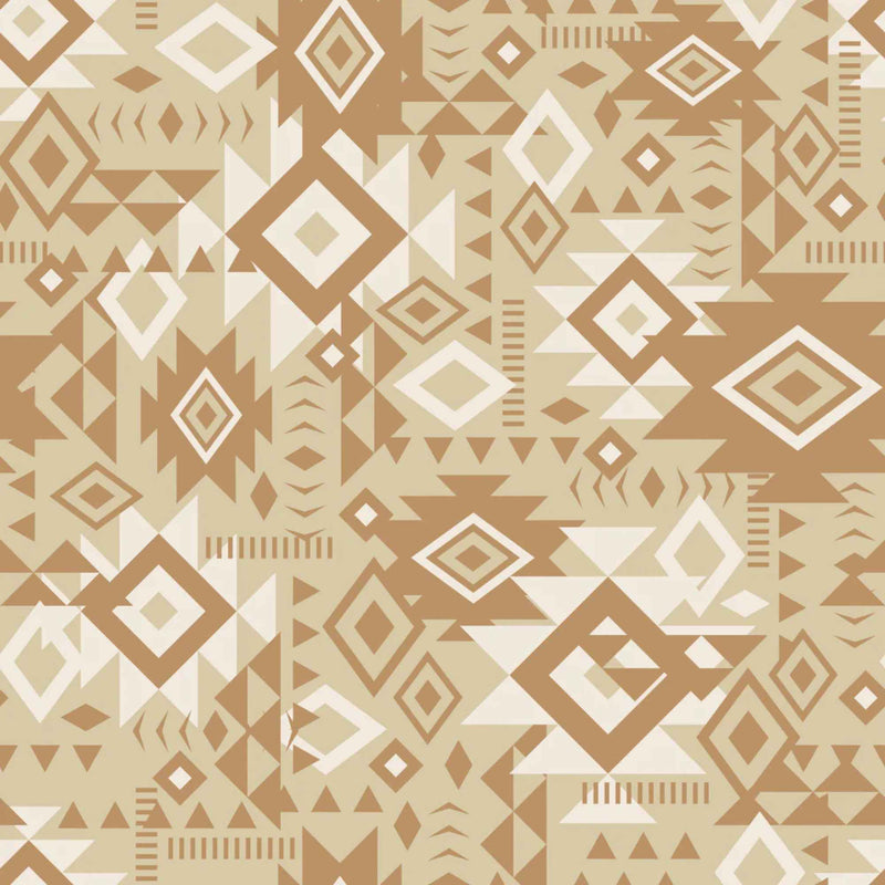 “Beige Southwestern geometric cotton fabric with diamonds and tribal motifs from Spirit Peaks.”