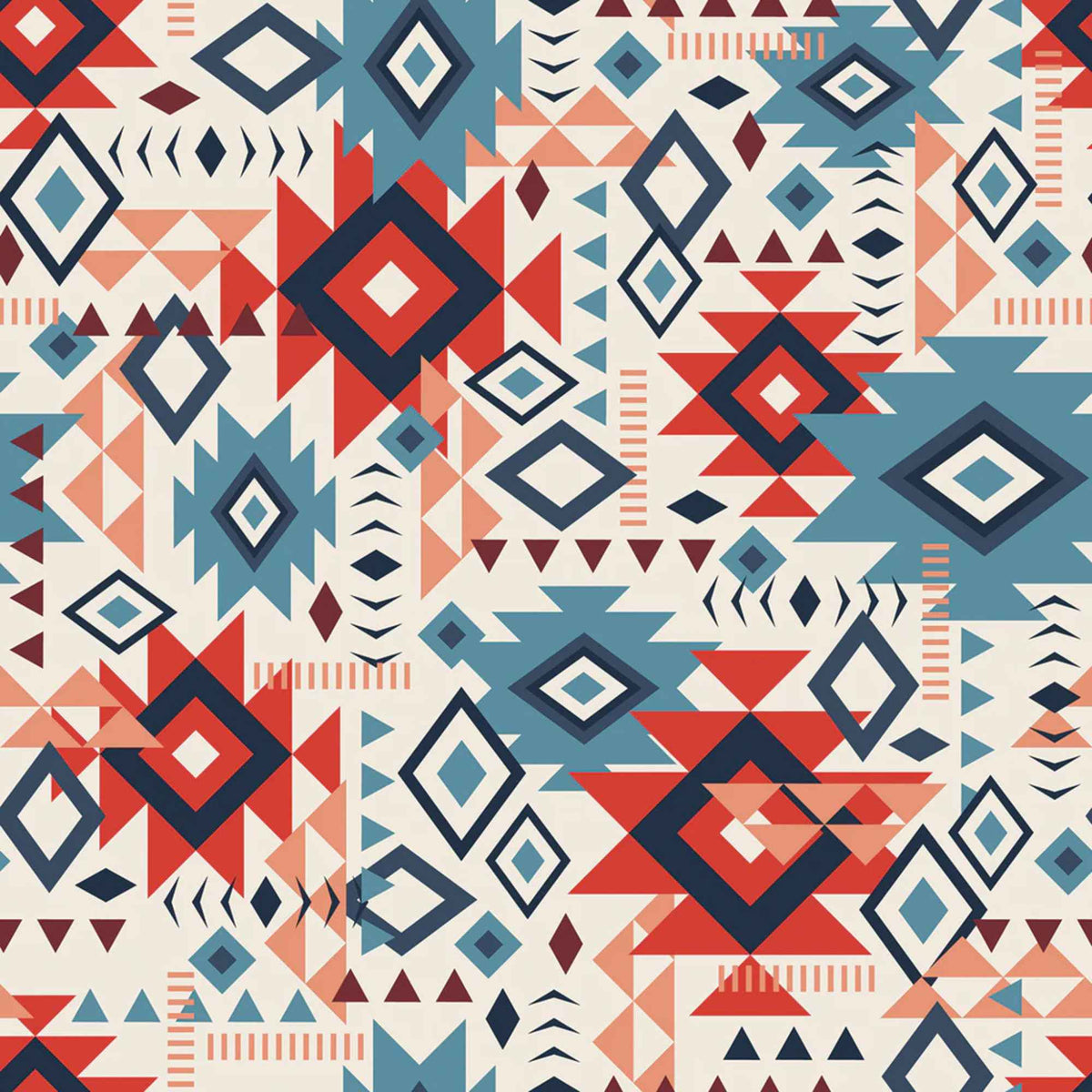 “Cream cotton fabric with colorful Southwestern Aztec geometric patterns in terracotta, blue, navy, and clay tones.”