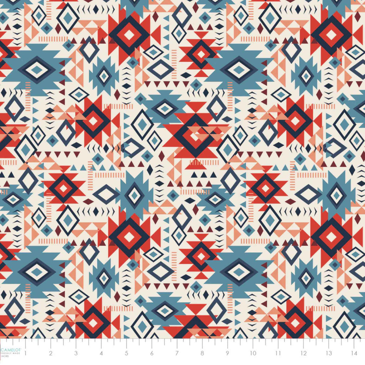 “Cream cotton fabric with colorful Southwestern Aztec geometric patterns in terracotta, blue, navy, and clay tones.”