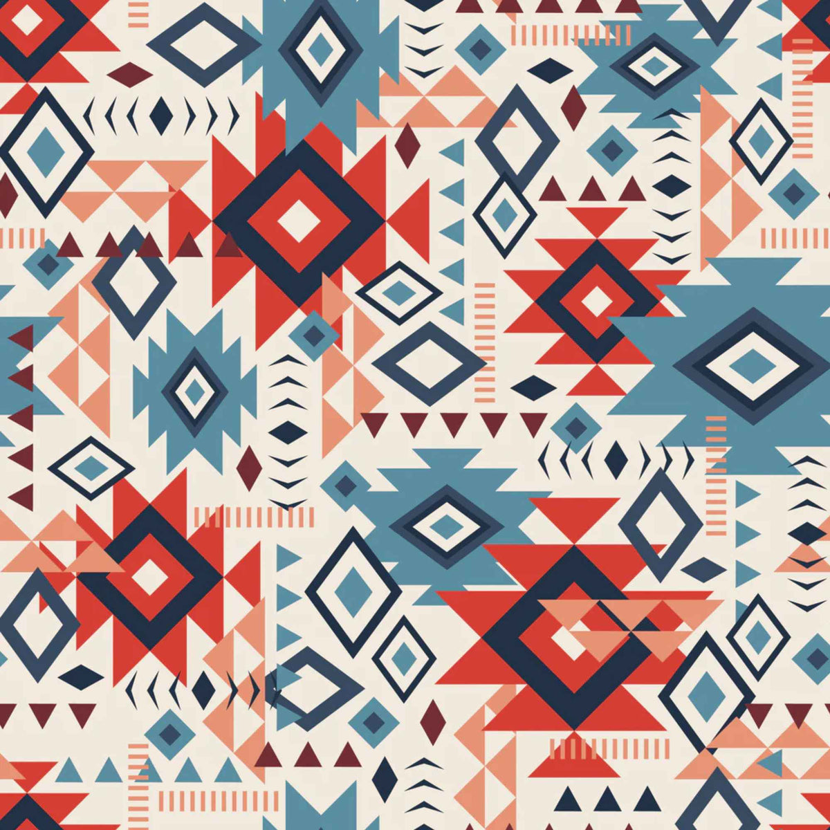 “Cream cotton fabric with colorful Southwestern Aztec geometric patterns in terracotta, blue, navy, and clay tones.”