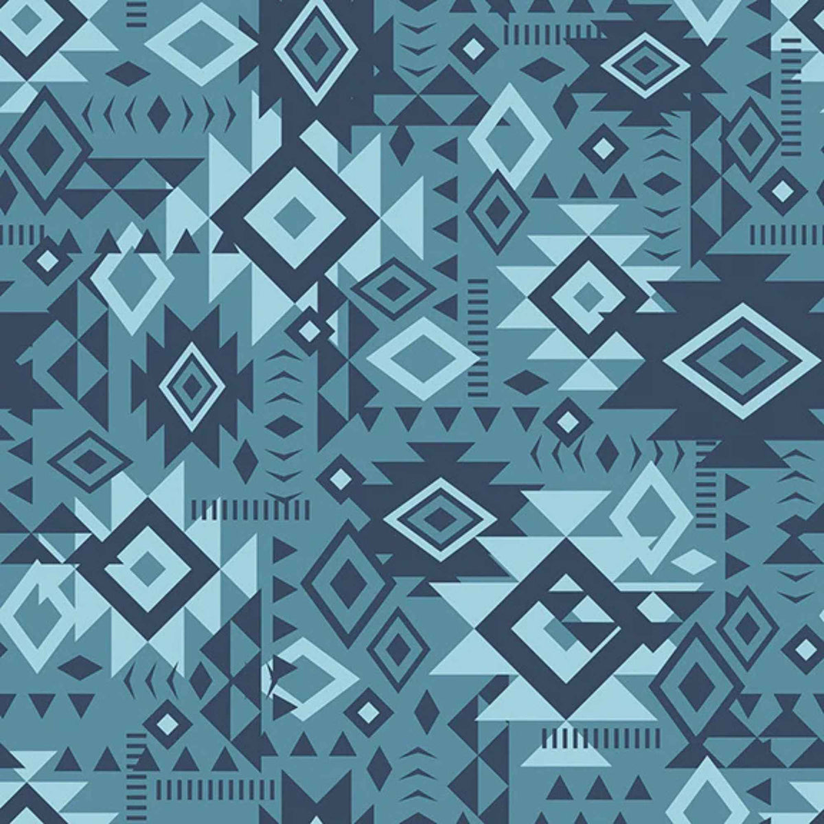 “Denim blue Southwestern geometric cotton fabric with layered Aztec diamond motifs.”