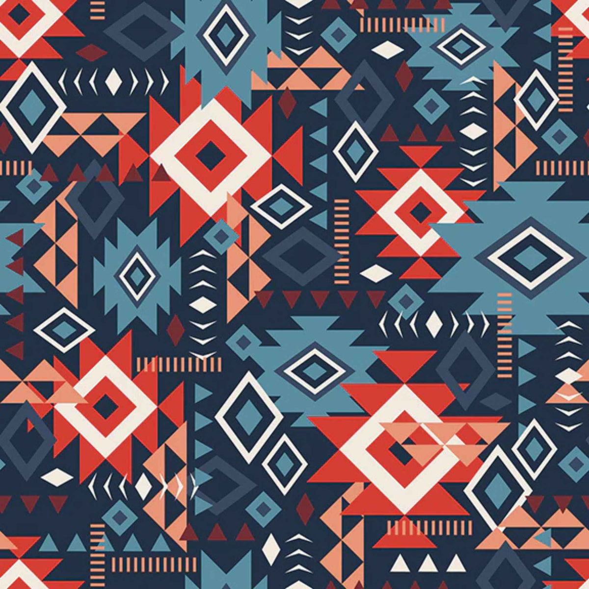 “Navy Southwestern cotton fabric featuring layered Aztec geometric motifs in terracotta, blue, and ivory.”
