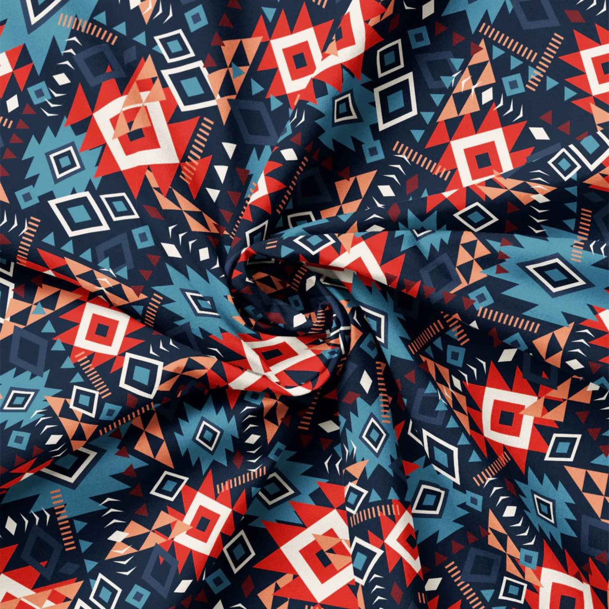 “Navy Southwestern cotton fabric featuring layered Aztec geometric motifs in terracotta, blue, and ivory.”