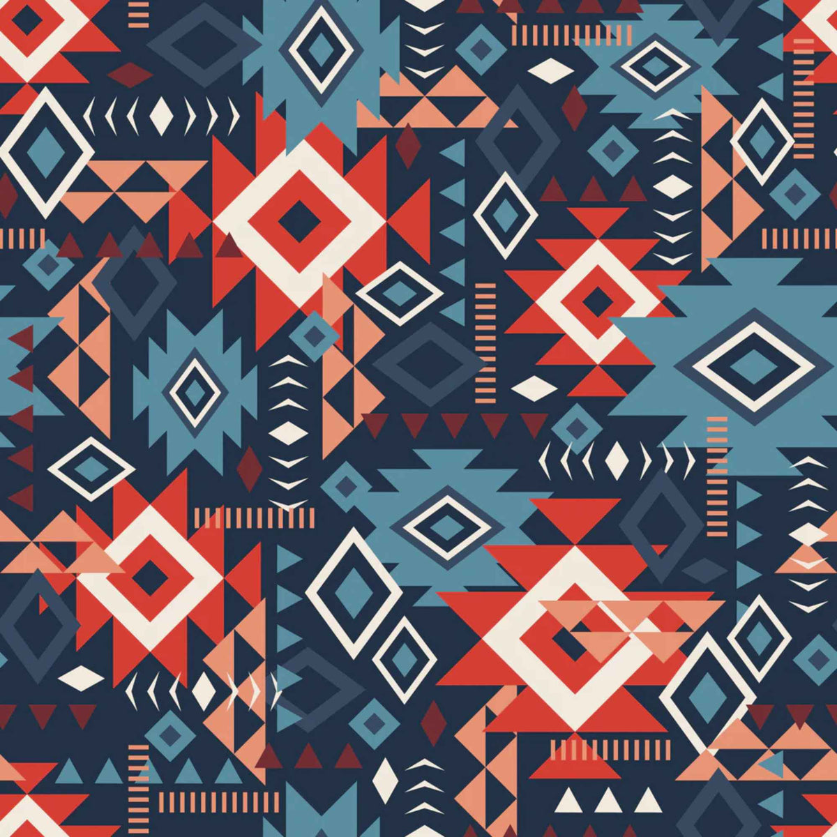 “Navy Southwestern cotton fabric featuring layered Aztec geometric motifs in terracotta, blue, and ivory.”