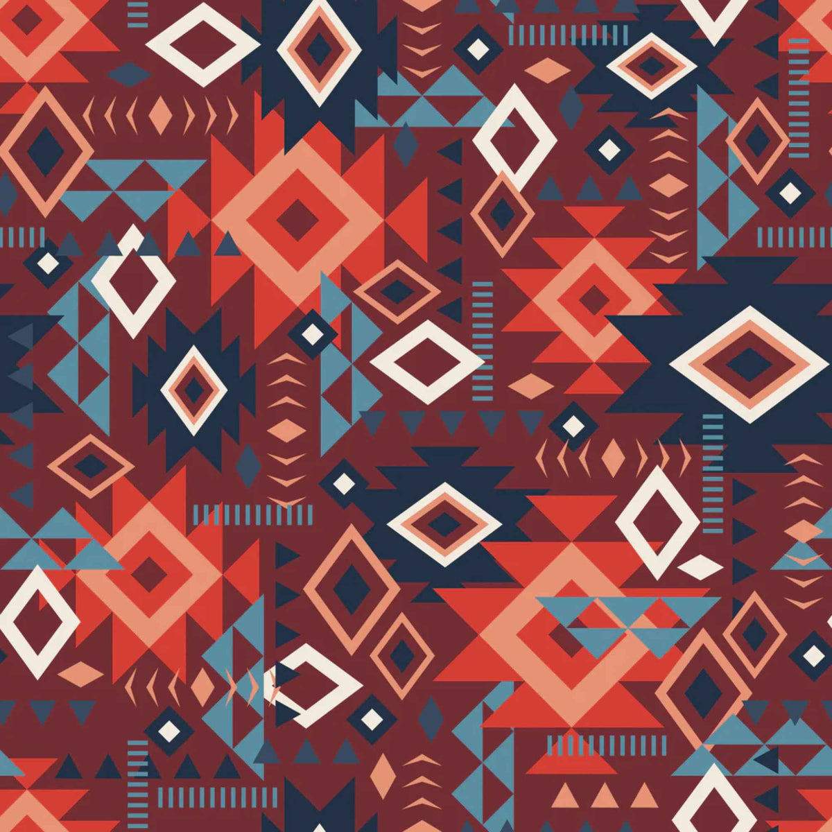 “Rust red Southwestern geometric cotton fabric with layered Aztec diamond motifs.”