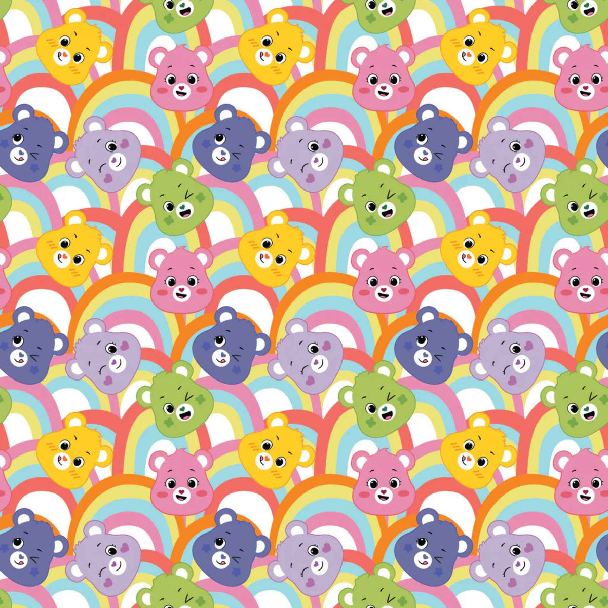 “Licensed Care Bears rainbow cotton fabric with multicolored Care Bears faces over repeating rainbow arches.”