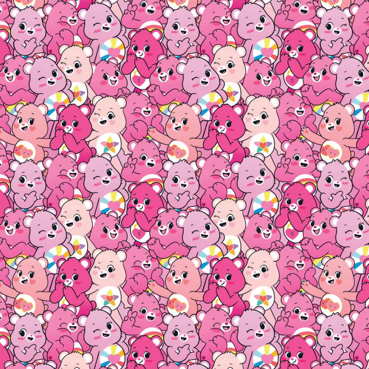 “Licensed pink Care Bears cotton fabric featuring a repeating pattern of cheerful pink and blush Care Bears in cute, playful poses.”