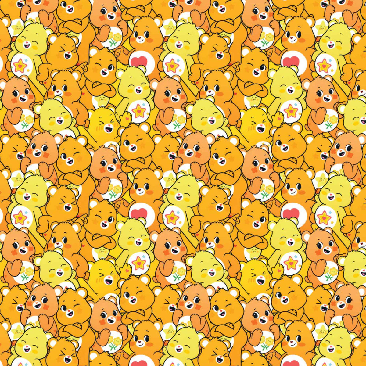 “Licensed yellow Care Bears cotton fabric with repeating pattern of cheerful yellow and orange Care Bears in playful poses.”