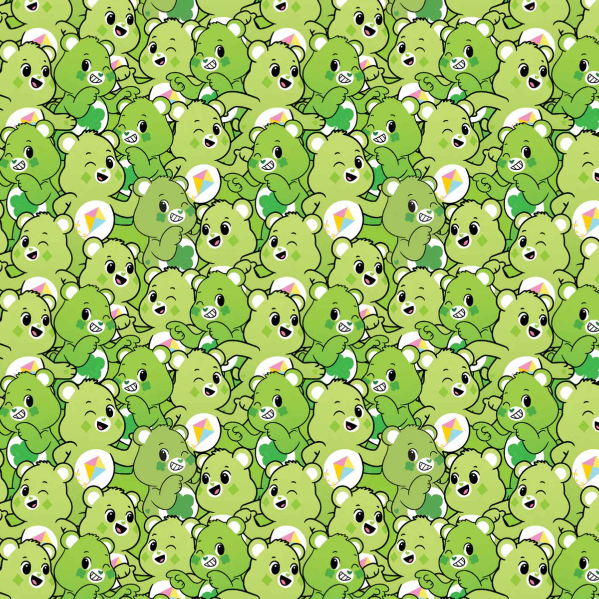 “Licensed green Care Bears cotton fabric with repeating pattern of cheerful green Care Bears in playful poses on a seamless background.”