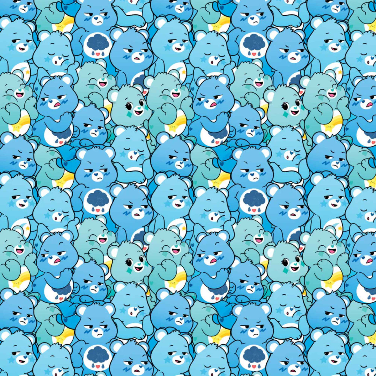 “Licensed Care Bears blue cotton fabric with repeating blue Care Bears characters in various expressions and poses”