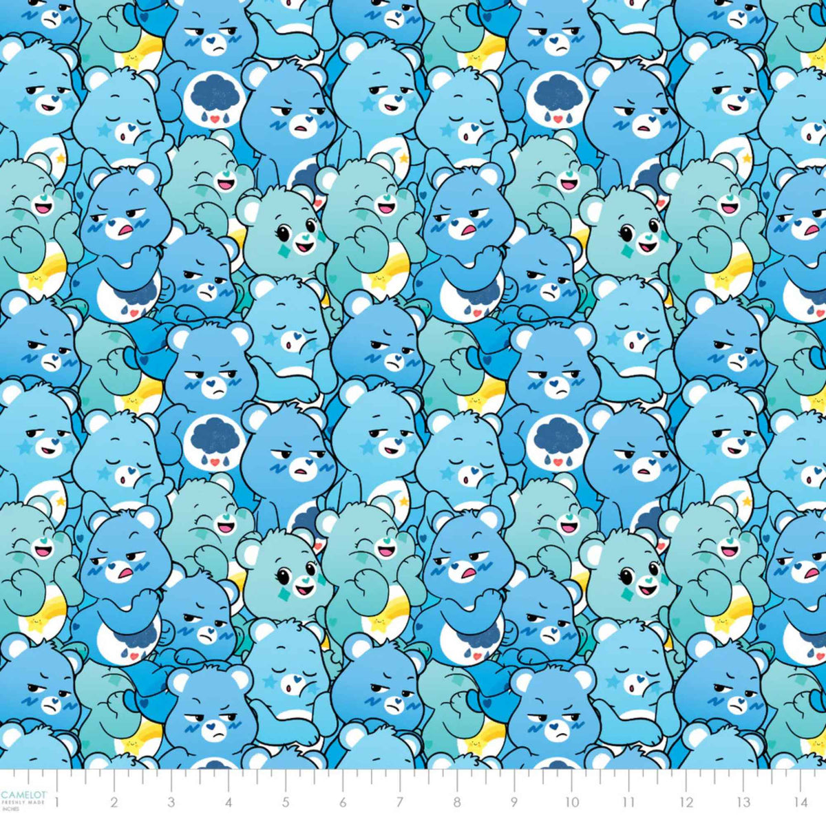 “Licensed Care Bears blue cotton fabric with repeating blue Care Bears characters in various expressions and poses”