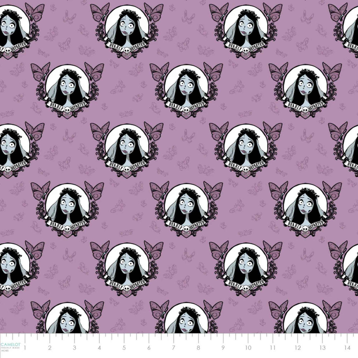 Corpse Bride mauve cotton fabric featuring Emily portraits framed with butterflies and gothic floral motifs in a repeating pattern.