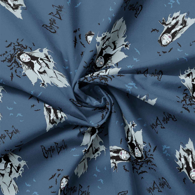 Corpse Bride navy cotton fabric featuring Emily in multiple poses with bats and gothic accents in a repeating pattern.