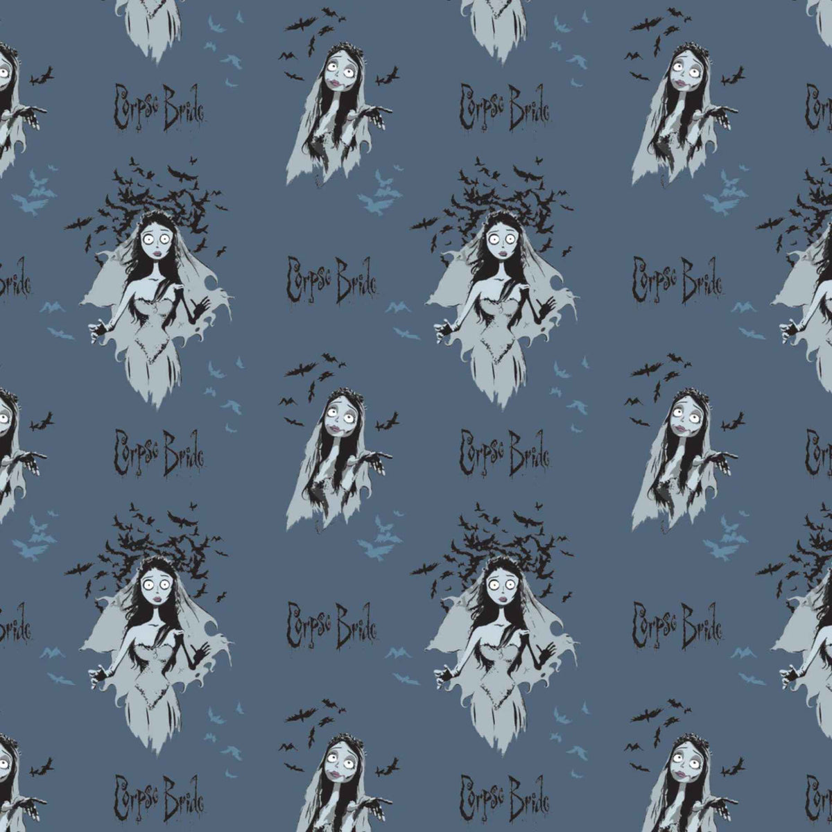 Corpse Bride navy cotton fabric featuring Emily in multiple poses with bats and gothic accents in a repeating pattern.