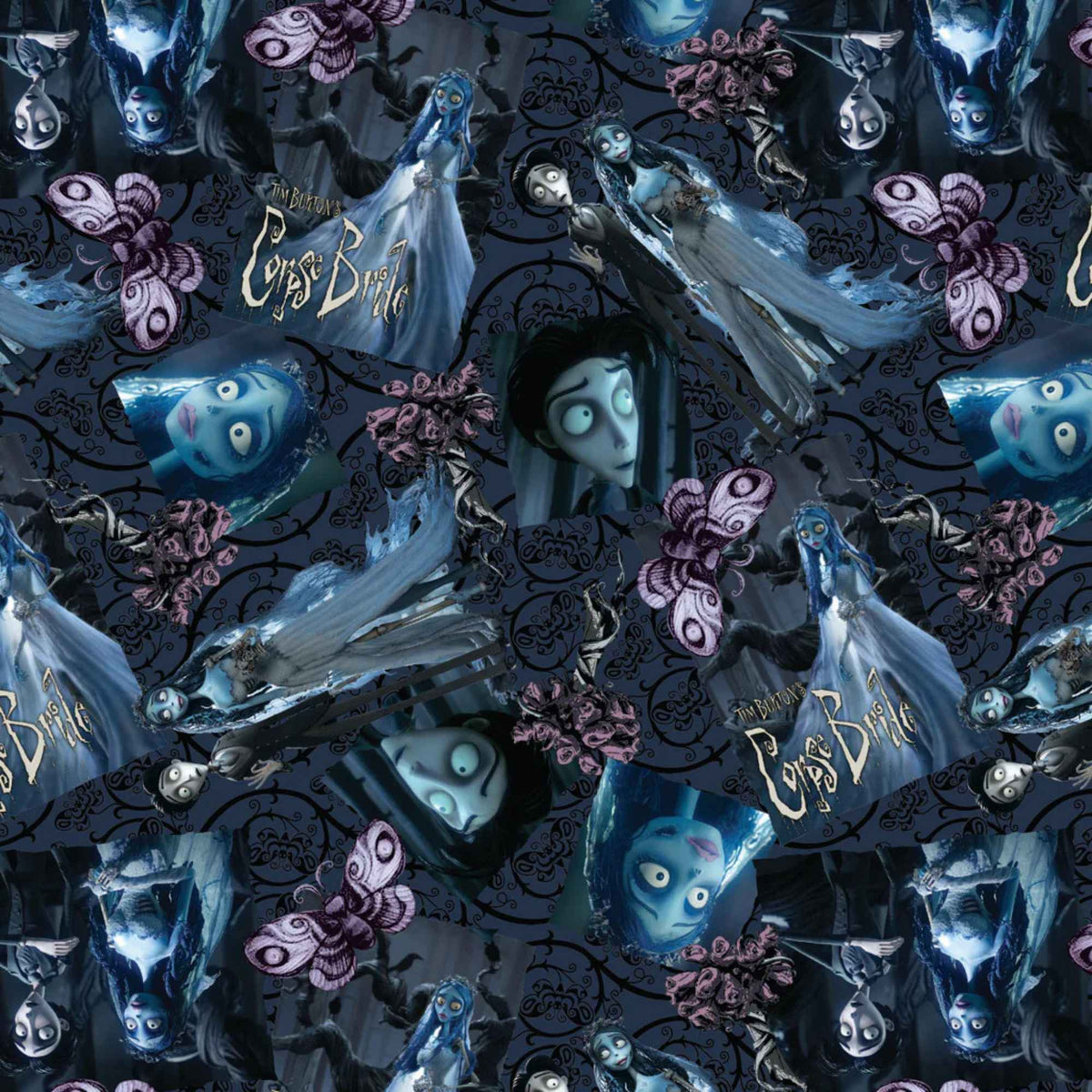 Corpse Bride cotton fabric featuring Emily, Victor, butterflies, roses, and gothic scroll motifs in an allover multi-character print.